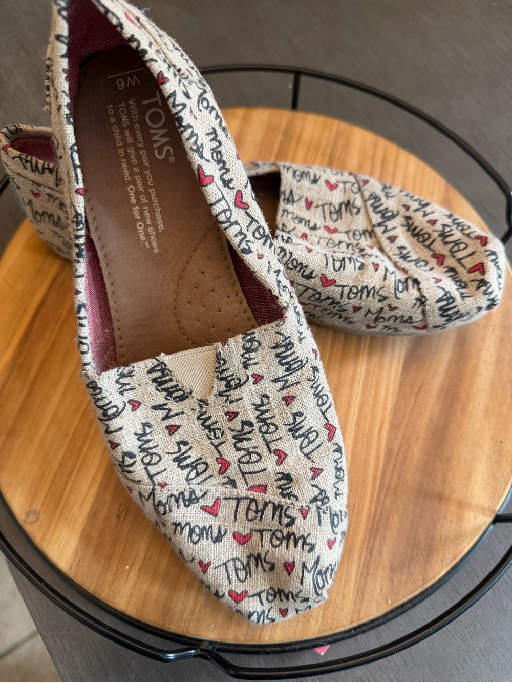 Toms Cream Canvas Slip-On Flats with Black Script & Red Hearts